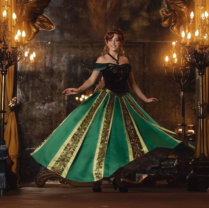 Princess Anna Coronation Costume Green Dress Embroidery Style