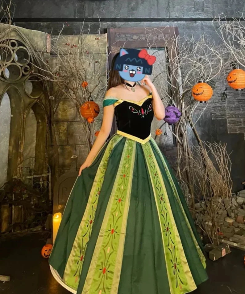 Princess Anna Coronation Costume Green Dress Embroidery Style Lydiacosplay